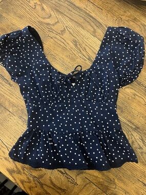 Hollister Navy White Polka Dot Puff Sleeve Tie-Front Peplum Top